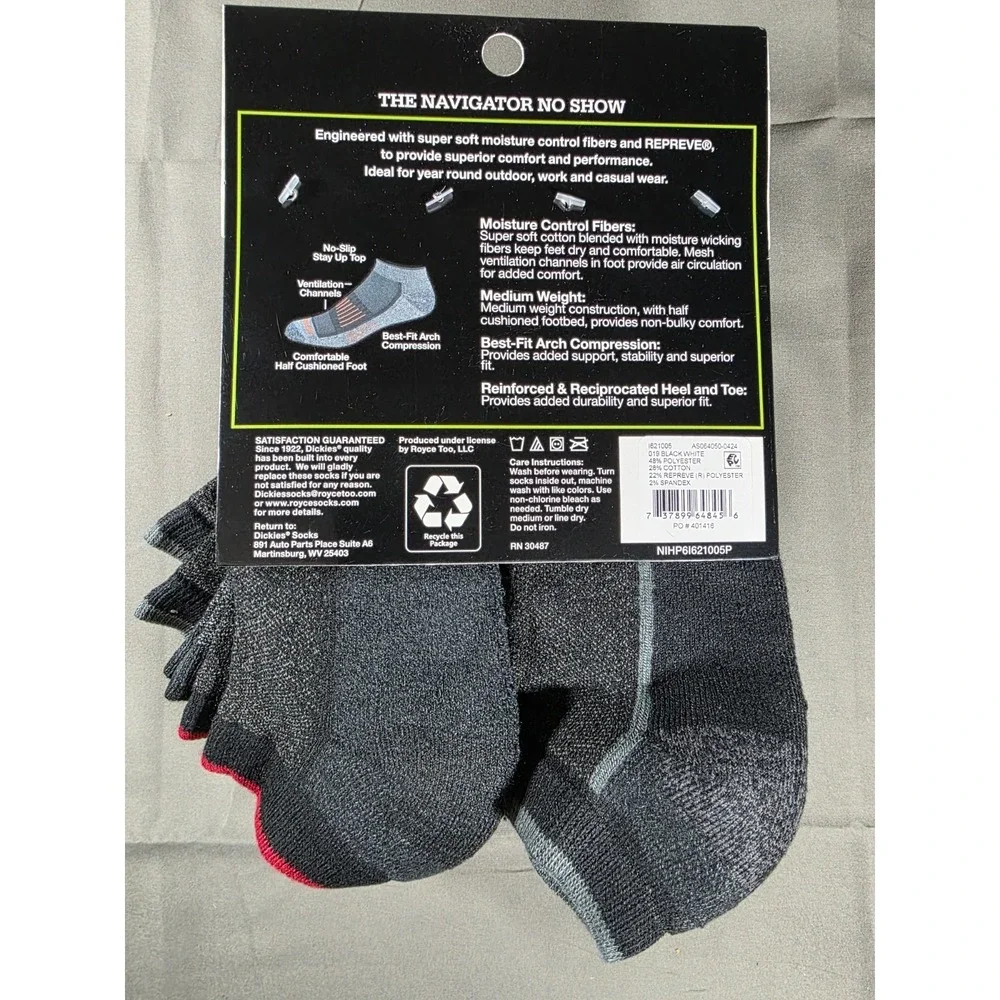 6 Pairs Dickies The Navigator No Show Performance Outdoor Mens Socks Size‎ 6-12